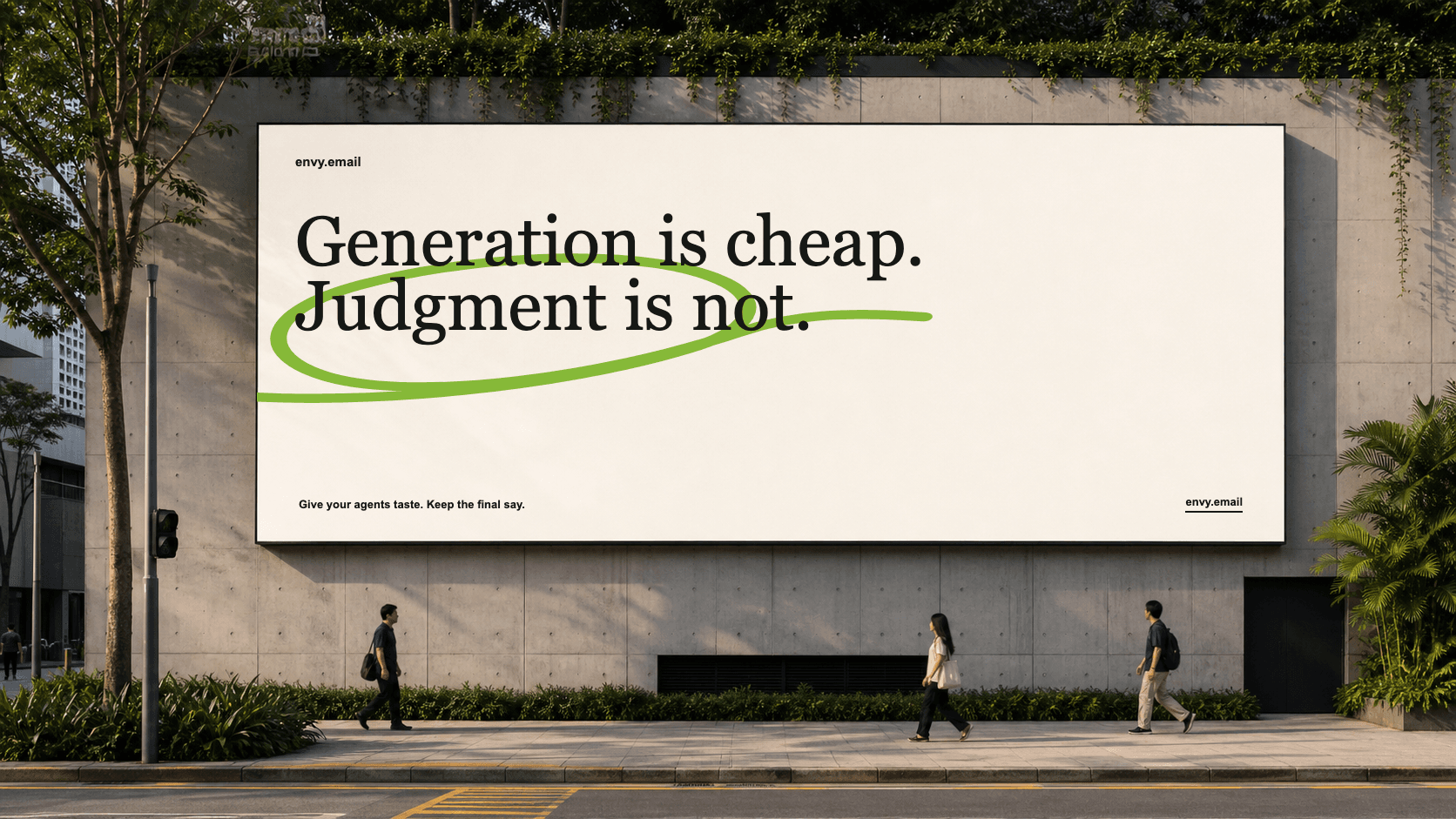 An Envy billboard on a city wall reading, Generation is cheap. Judgment is not.