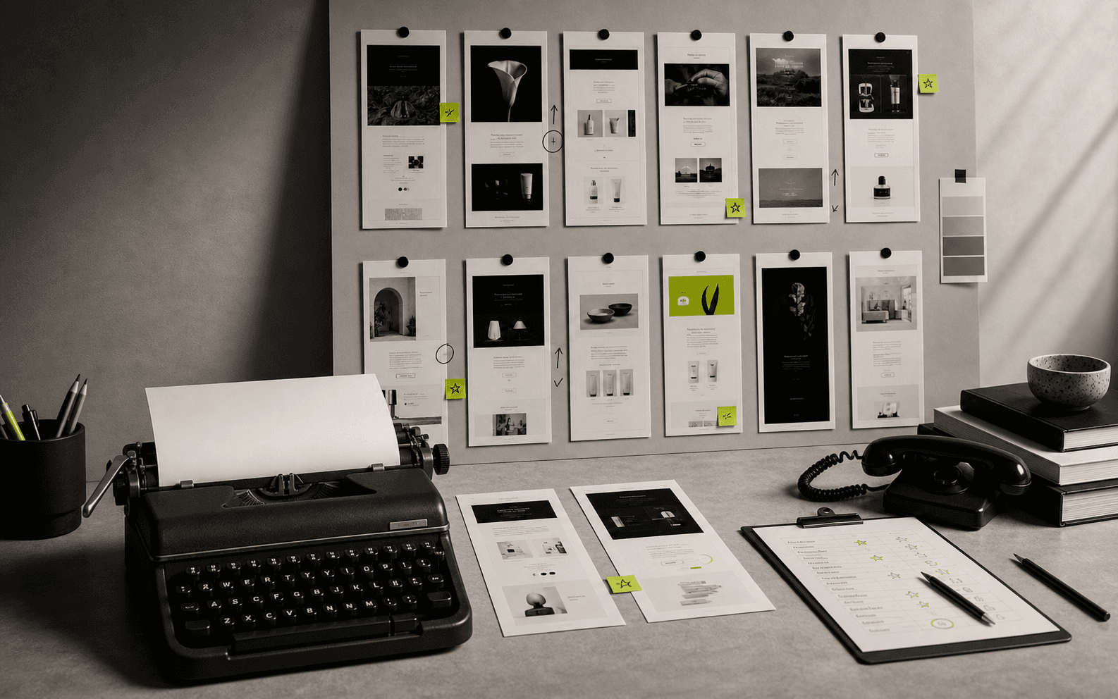 A designer's desk with a typewriter, printed emails, annotations, and a wall of references