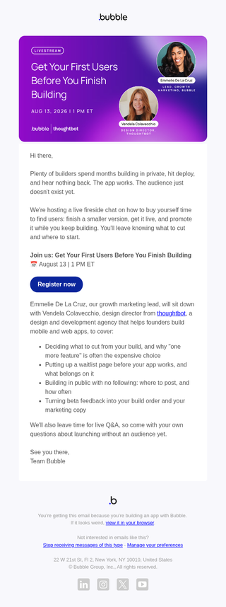 Bubble email: RSVP: How to find users while you're still building