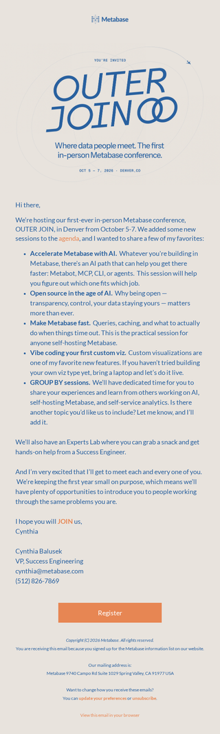 Cynthia at Metabase: See how teams actually use Metabase — in person this October