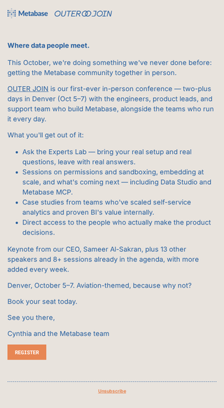 Cynthia at Metabase email: See how teams actually use Metabase — in person this October