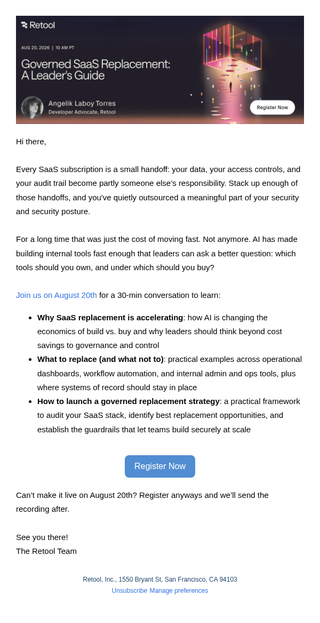 Retool email: [Thursday] A Leader’s Guide to Governed SaaS Replacement