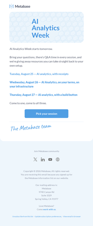 The Metabase Team email: AI Analytics Week - Bring your questions
